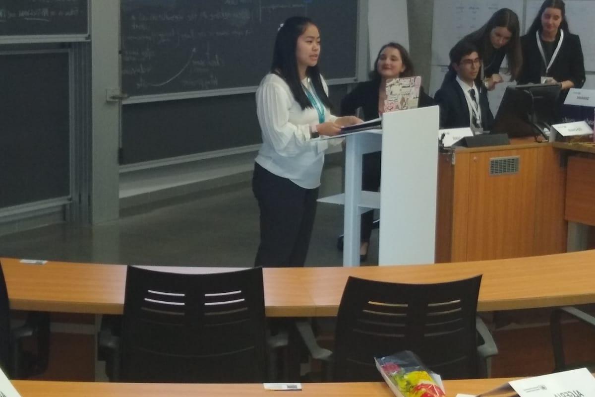 Abby Trch '23 presenting at the BIMUN Model UN Conference in Spain.